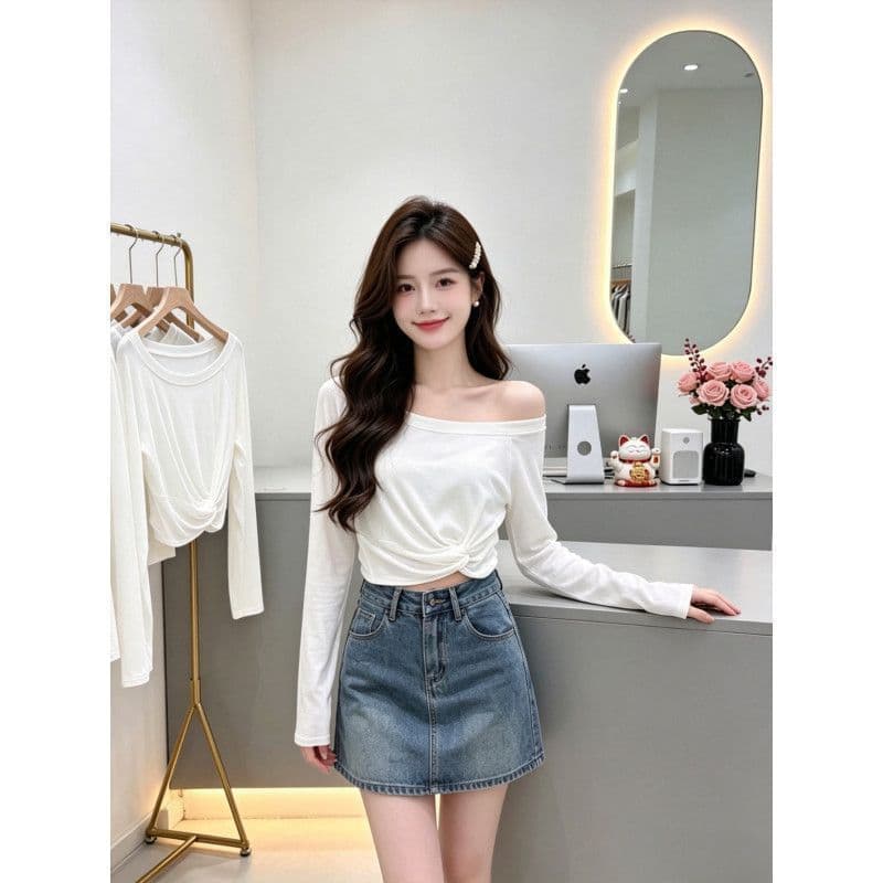 디자인 센스 디스플레이 몸매 가꾸기 작은 대중 오프숄더 긴팔 티셔츠 여성 상세 이미지 5