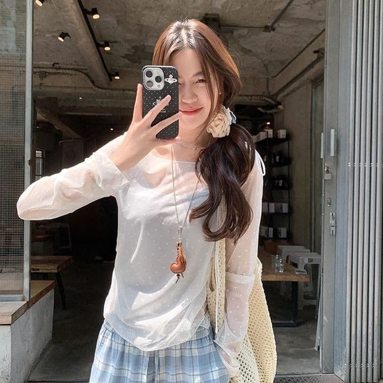작은 꽃 레이스 인사이드 가져 가라. 긴팔 티셔츠 기본 셔츠 맨위 상세 이미지 4