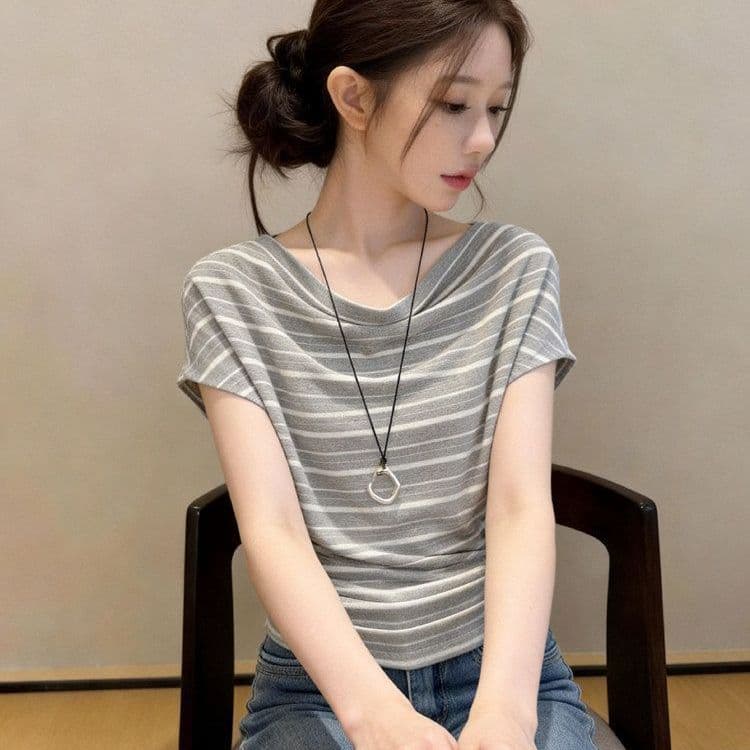 디자인 센스 흔들다 칼라 스트라이프 면 반팔 티셔츠 여성 셔츠 상세 이미지 2