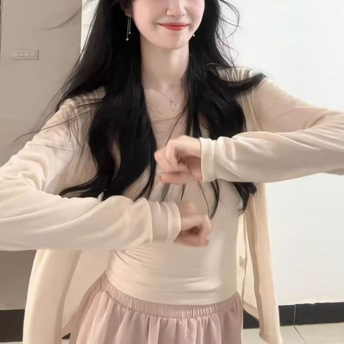 파란색 자외선 차단 오픈 가디건 짧은 여성 코트 블라우스 맨위 트렌디 상세 이미지 2