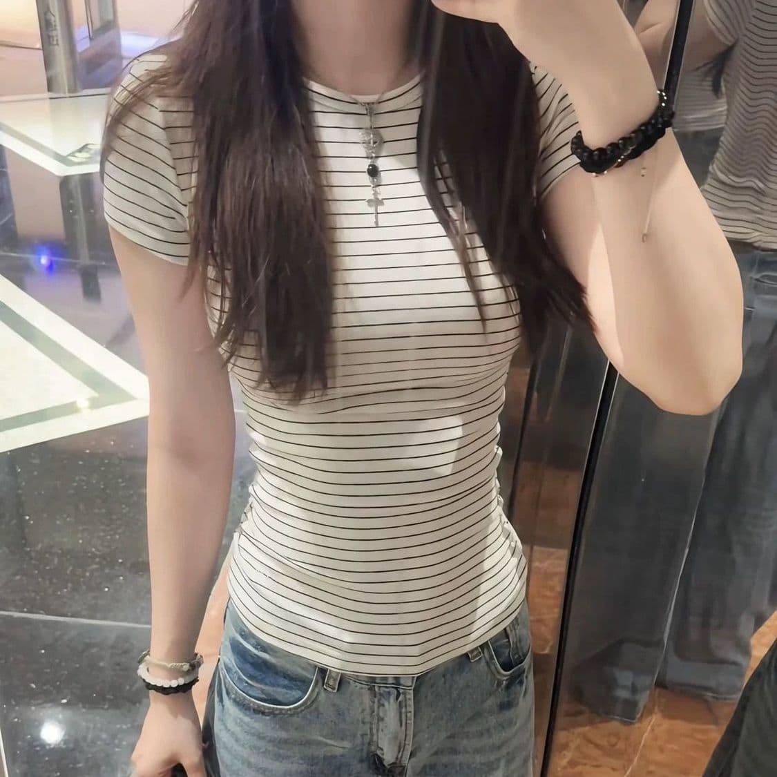 원본 원단 원본 솜씨 순수한 욕망 스트라이프 한 부서 부드러운 바람 반팔 티셔츠 여성