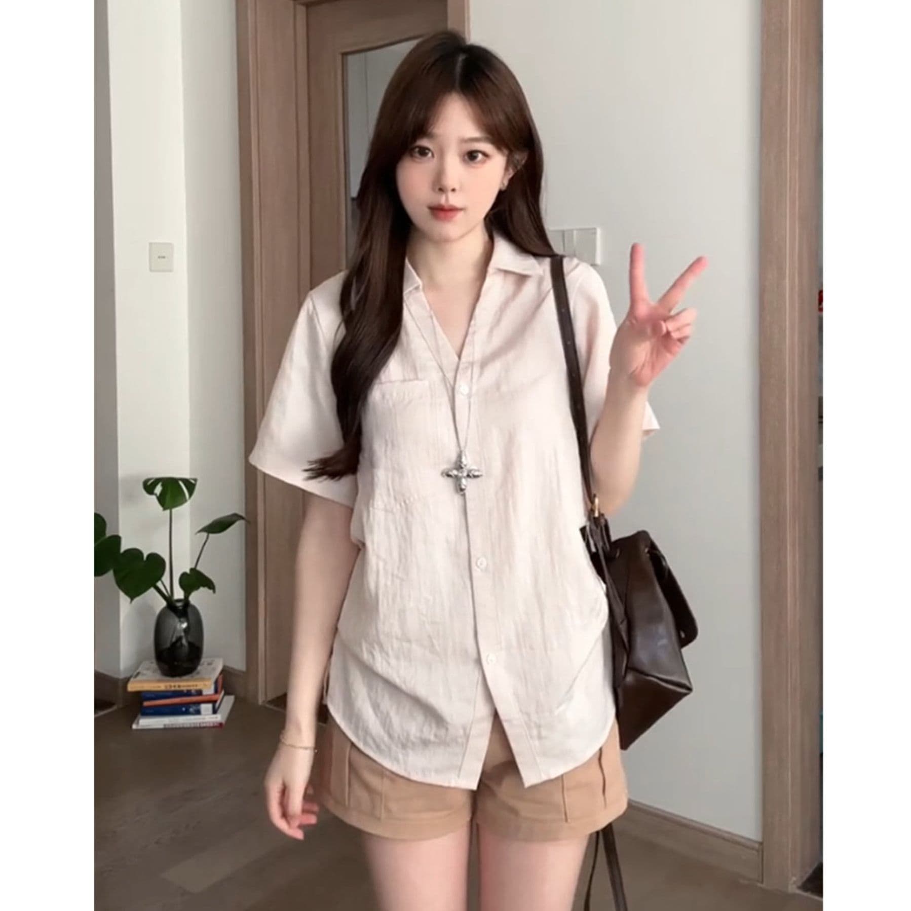 경관 그림 아메리칸 레트로 핑크색 폴로 칼라 단추 반팔 셔츠 여름 주름 학원 스타일 출퇴근 맨위 이미지 3