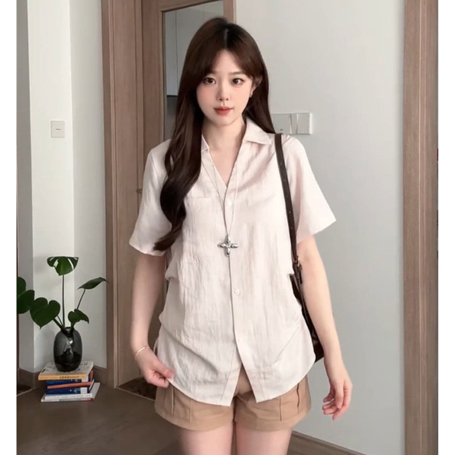 경관 그림 아메리칸 레트로 핑크색 폴로 칼라 단추 반팔 셔츠 여름 주름 학원 스타일 출퇴근 맨위 상세 이미지 2