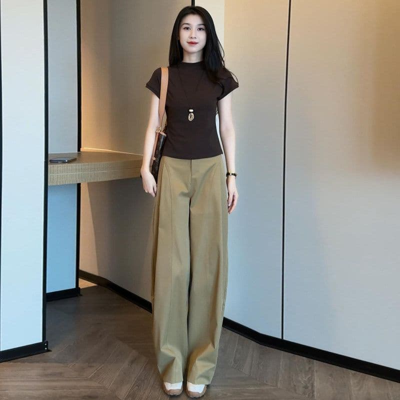 패션 세트 여성 여름 새로운 외국 가스 세련된 연령 감소 반팔 기본 셔츠 하이웨이스트 와이드 레그 팬츠 캐주얼 투피스 세트 이미지 4