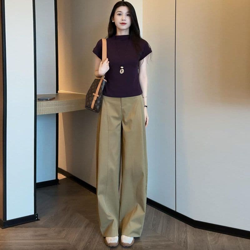 패션 세트 여성 여름 새로운 외국 가스 세련된 연령 감소 반팔 기본 셔츠 하이웨이스트 와이드 레그 팬츠 캐주얼 투피스 세트 이미지 2
