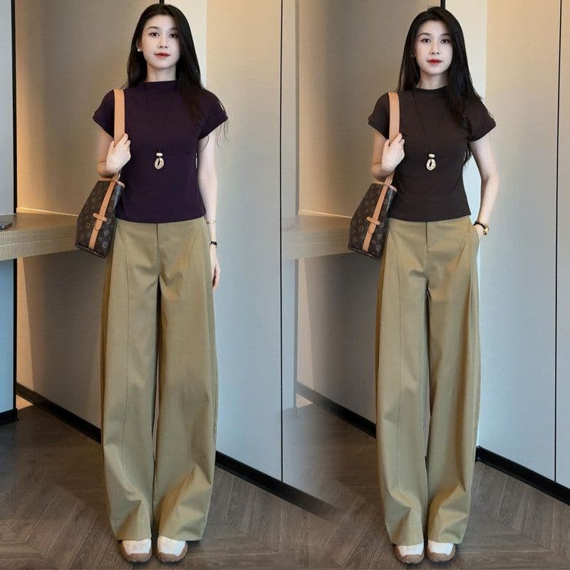 패션 세트 여성 여름 새로운 외국 가스 세련된 연령 감소 반팔 기본 셔츠 하이웨이스트 와이드 레그 팬츠 캐주얼 투피스 세트 상세 이미지 1