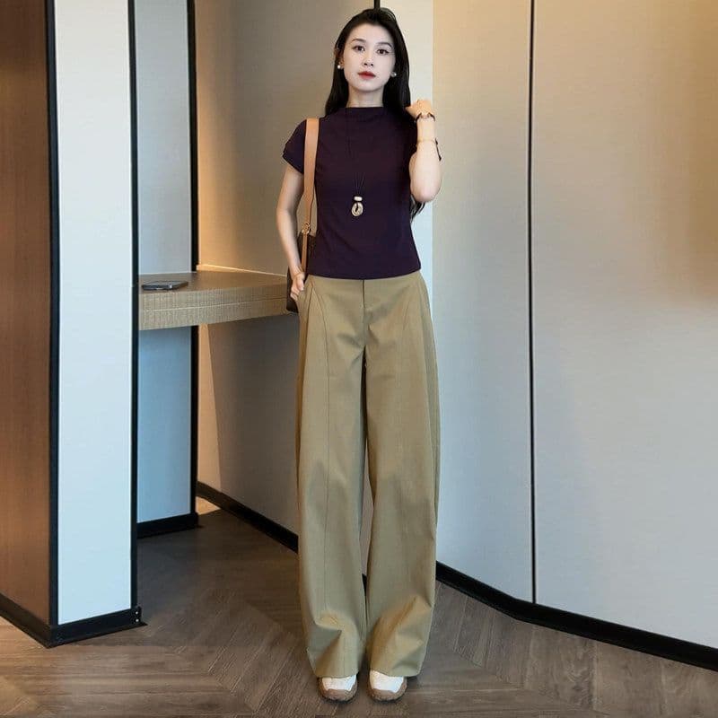 패션 세트 여성 여름 새로운 외국 가스 세련된 연령 감소 반팔 기본 셔츠 하이웨이스트 와이드 레그 팬츠 캐주얼 투피스 세트 상세 이미지 4