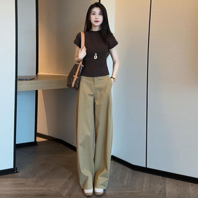 패션 세트 여성 여름 새로운 외국 가스 세련된 연령 감소 반팔 기본 셔츠 하이웨이스트 와이드 레그 팬츠 캐주얼 투피스 세트 상세 이미지 5