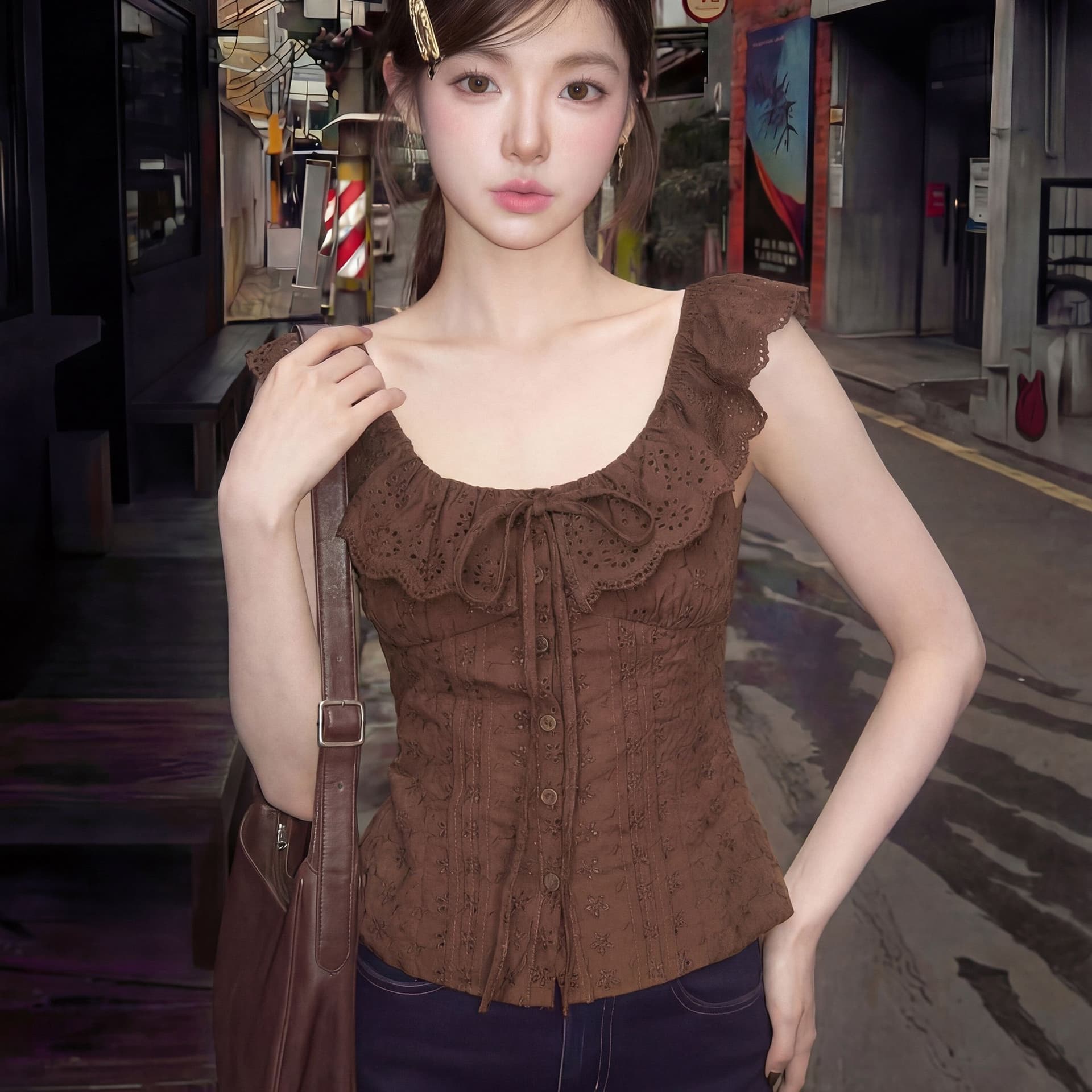 경관 그림 아메리칸 프릴 레이스업 민소매 티셔츠 여름 홀로우 아웃 레이스 몸매 가꾸기 허리 수축 품격 맨위 이미지 2