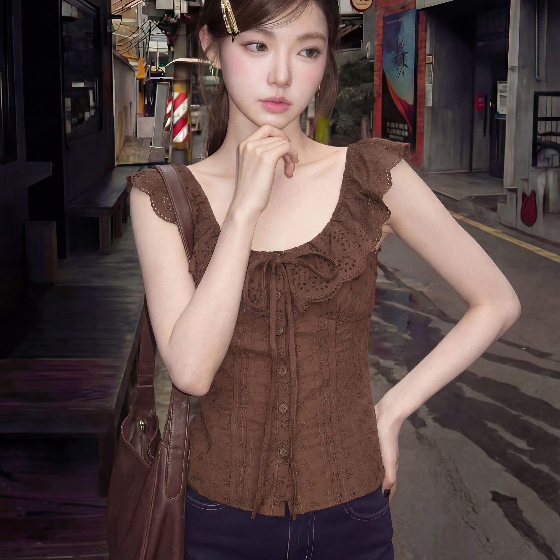 경관 그림 아메리칸 프릴 레이스업 민소매 티셔츠 여름 홀로우 아웃 레이스 몸매 가꾸기 허리 수축 품격 맨위