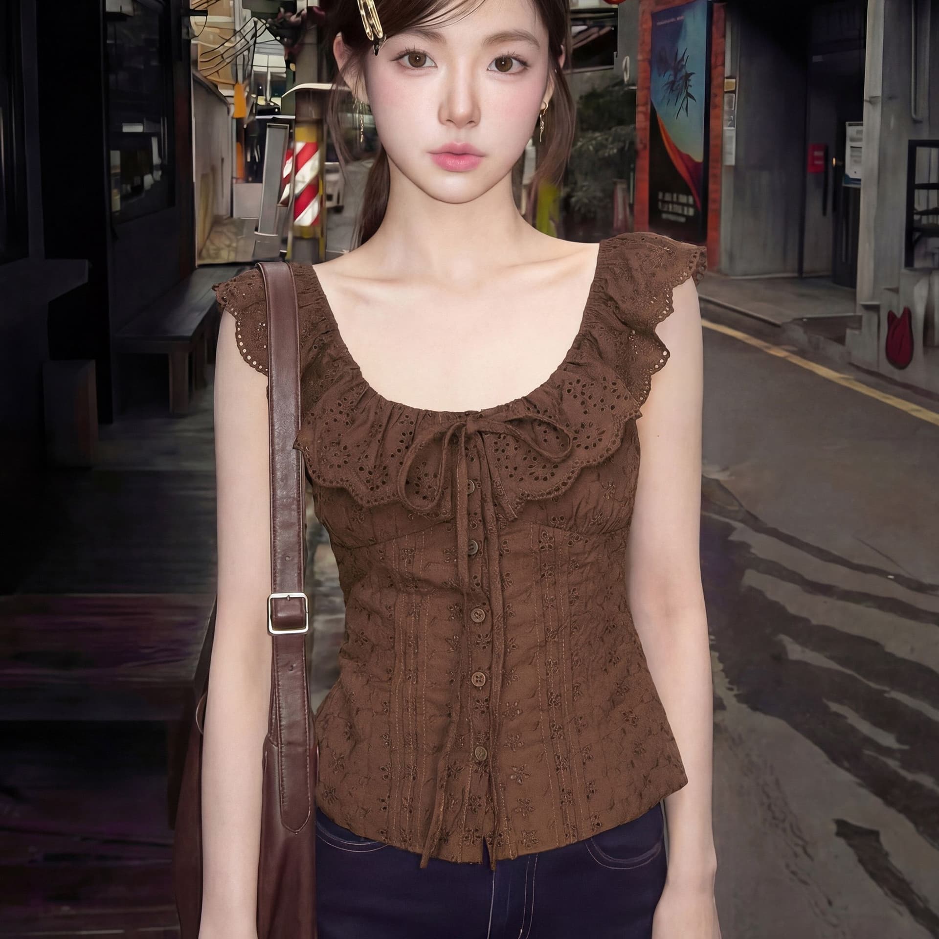 경관 그림 아메리칸 프릴 레이스업 민소매 티셔츠 여름 홀로우 아웃 레이스 몸매 가꾸기 허리 수축 품격 맨위 상세 이미지 1