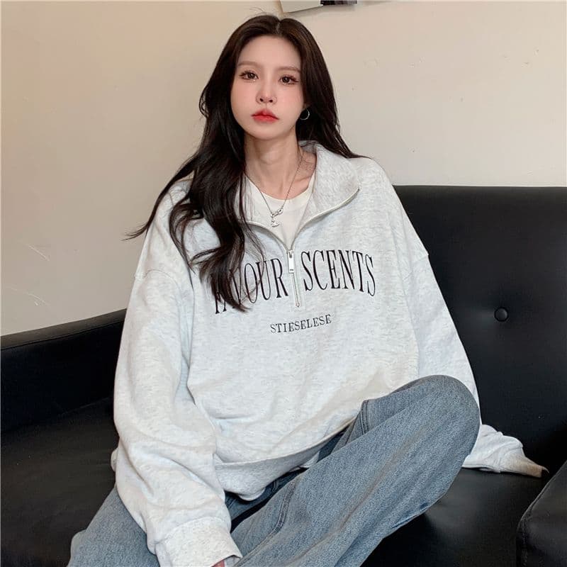 실사 65 물고기 규모 특별 빅 사이즈 300 근 자수 알파벳 터틀넥 지퍼 polo 후드티 여성 상세 이미지 2