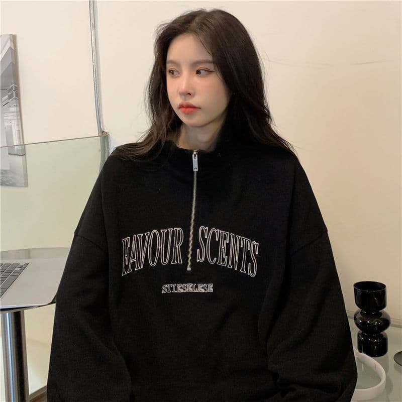 실사 65 물고기 규모 특별 빅 사이즈 300 근 자수 알파벳 터틀넥 지퍼 polo 후드티 여성 상세 이미지 7