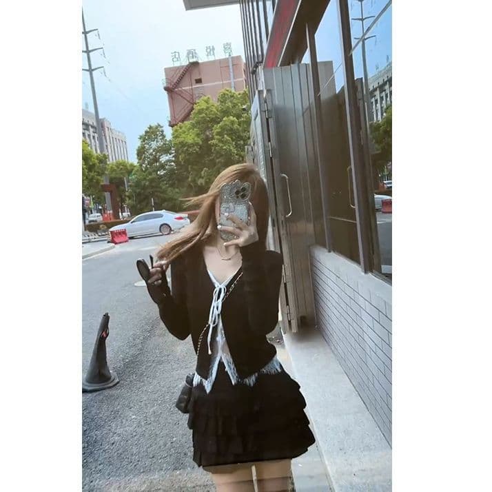 원본 품질 검정색 핫걸 페이크 레이어드 자외선 차단 긴팔 오픈 가디건 여성 봄 레이스 조각 맨위 이미지 3
