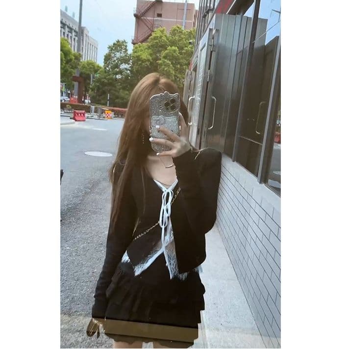 원본 품질 검정색 핫걸 페이크 레이어드 자외선 차단 긴팔 오픈 가디건 여성 봄 레이스 조각 맨위 상세 이미지 1
