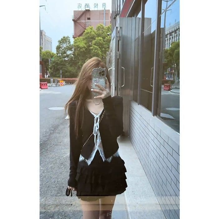 원본 품질 검정색 핫걸 페이크 레이어드 자외선 차단 긴팔 오픈 가디건 여성 봄 레이스 조각 맨위 상세 이미지 2