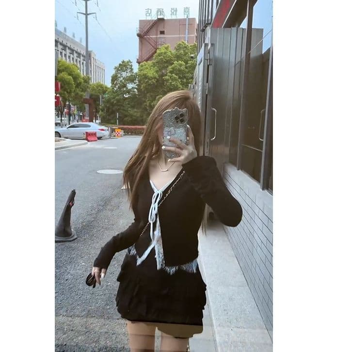 원본 품질 검정색 핫걸 페이크 레이어드 자외선 차단 긴팔 오픈 가디건 여성 봄 레이스 조각 맨위 상세 이미지 4