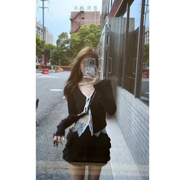 원본 품질 검정색 핫걸 페이크 레이어드 자외선 차단 긴팔 오픈 가디건 여성 봄 레이스 조각 맨위 상세 이미지 5