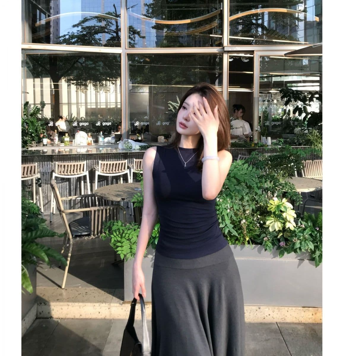 1 1 와 사고 방식 260g+ 원본 솜씨 미니멀리즘 핀치 Pleat 허리 수축 몸매 가꾸기 라운드 넥 민소매 조끼 상세 이미지 7