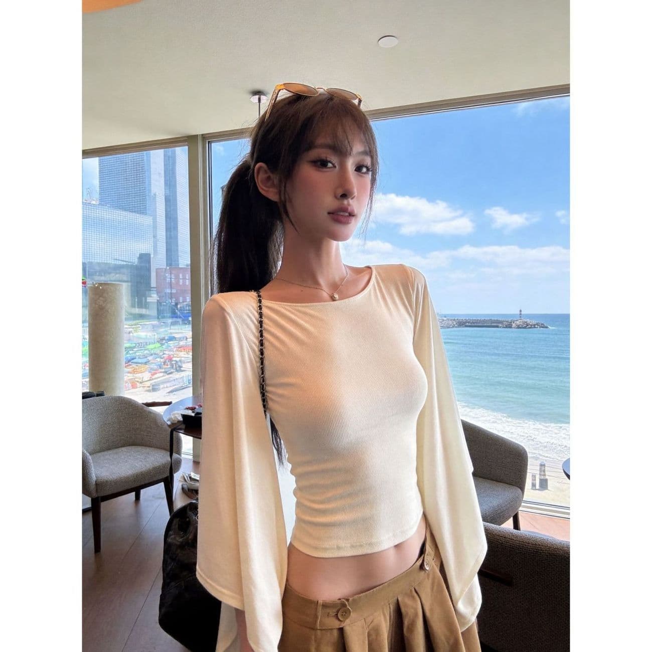 1 1 와 사고 방식 260g+ 원본 솜씨 한 단어 대 네클라인 티셔츠 나팔 소매 순수한 욕망 맨위 여성 이미지 3