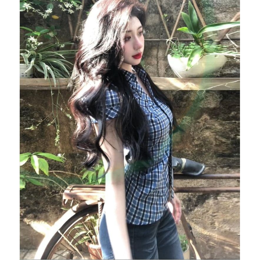 경관 그림 한 부서 핫걸 파란색 체크무늬 반팔 여성 셔츠 프랑스식 Chic 몸매 가꾸기 꼬집기 허리 작은 셔츠 맨위 이미지 3