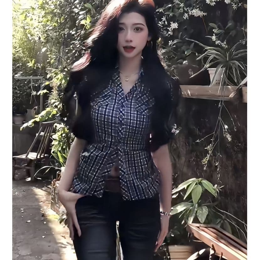 경관 그림 한 부서 핫걸 파란색 체크무늬 반팔 여성 셔츠 프랑스식 Chic 몸매 가꾸기 꼬집기 허리 작은 셔츠 맨위 상세 이미지 3