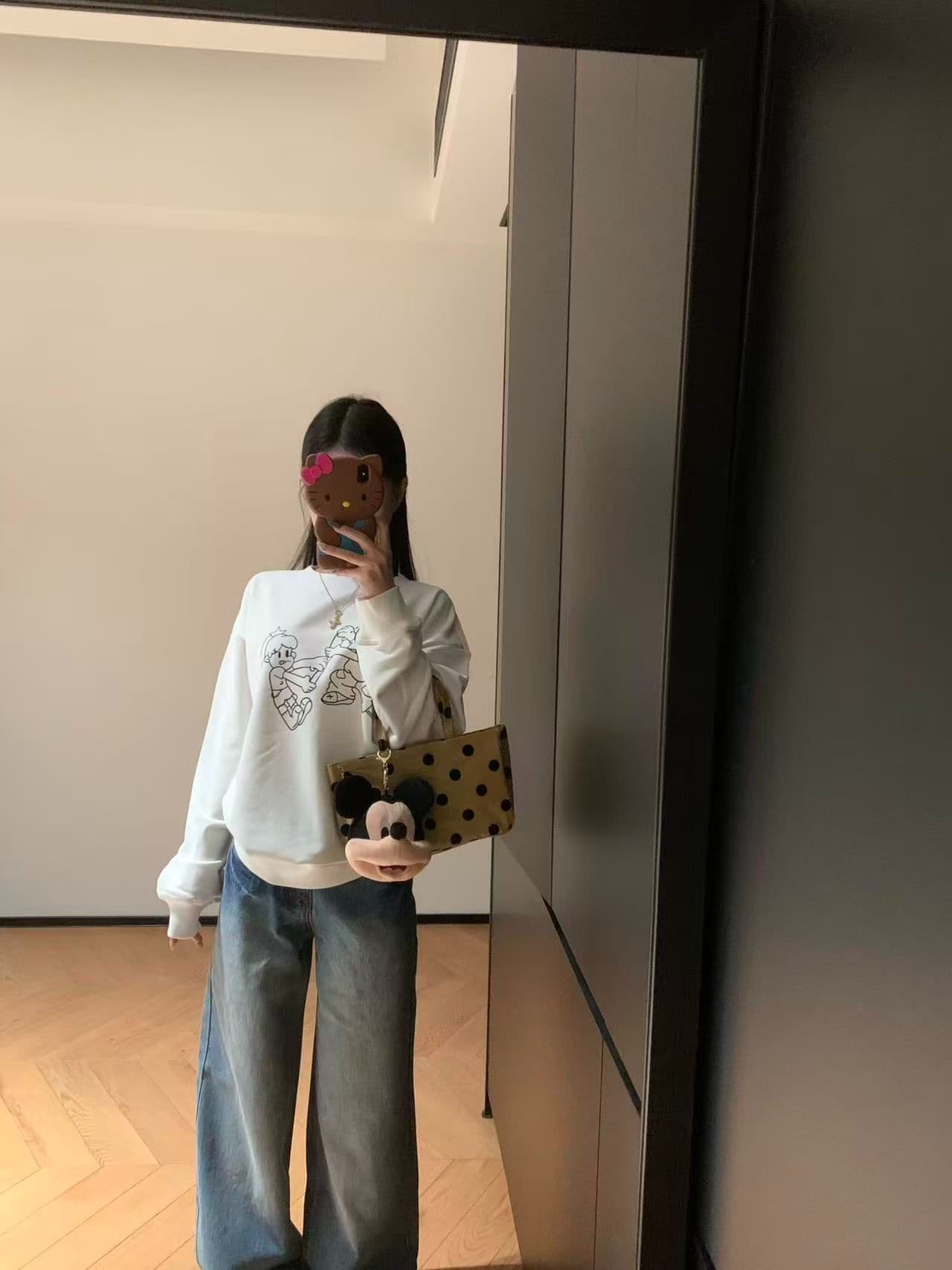 후아 면 복합 얇은 스타일 320 그램 털이 있는 420g 헝겊 프린트 루즈핏 라운드 넥 후드티 여성 상세 이미지 3