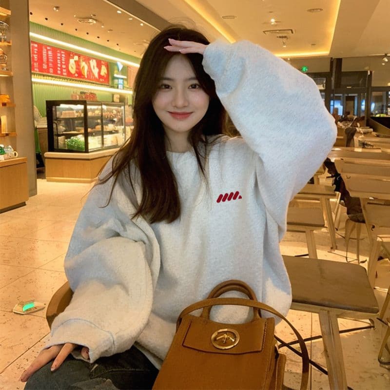 후아 면 복합 얇은 스타일 320 그램 털이 있는 420g 헝겊 프린트 루즈핏 라운드 넥 후드티 여성 이미지 2