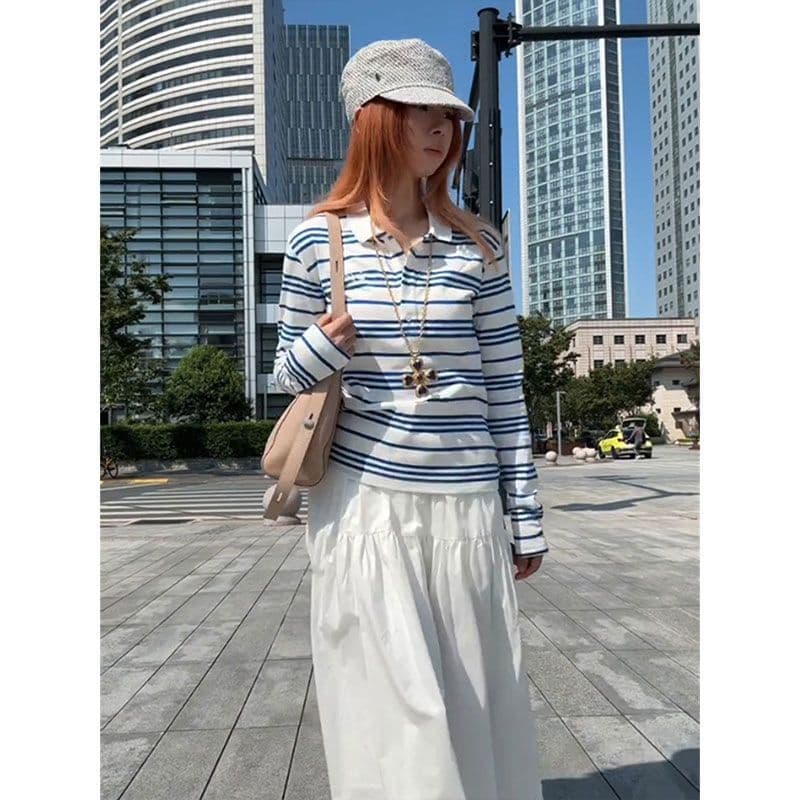 원본 품질 한 부서 chic 블루 화이트 스트라이프 POLO 칼라 긴팔 티셔츠 여성 가을 디자인 센스 맨위