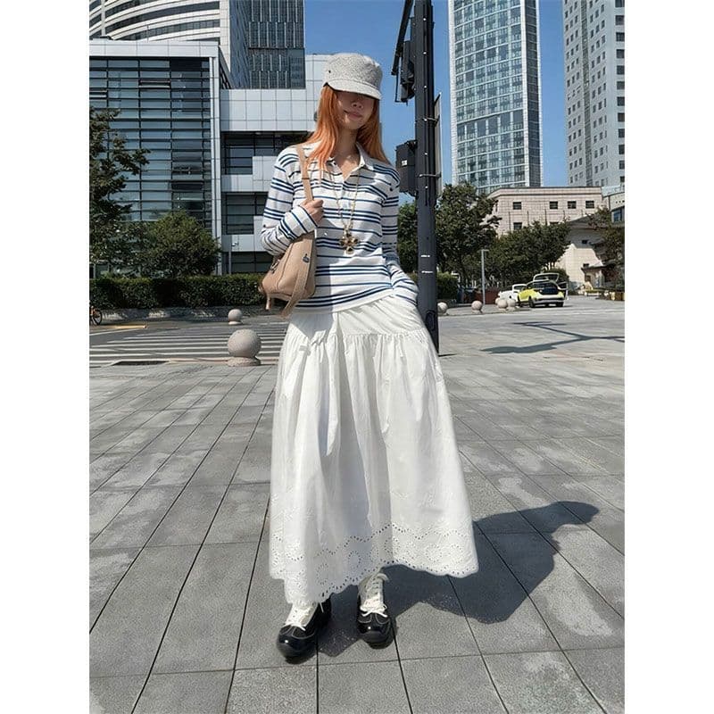 원본 품질 한 부서 chic 블루 화이트 스트라이프 POLO 칼라 긴팔 티셔츠 여성 가을 디자인 센스 맨위 상세 이미지 1