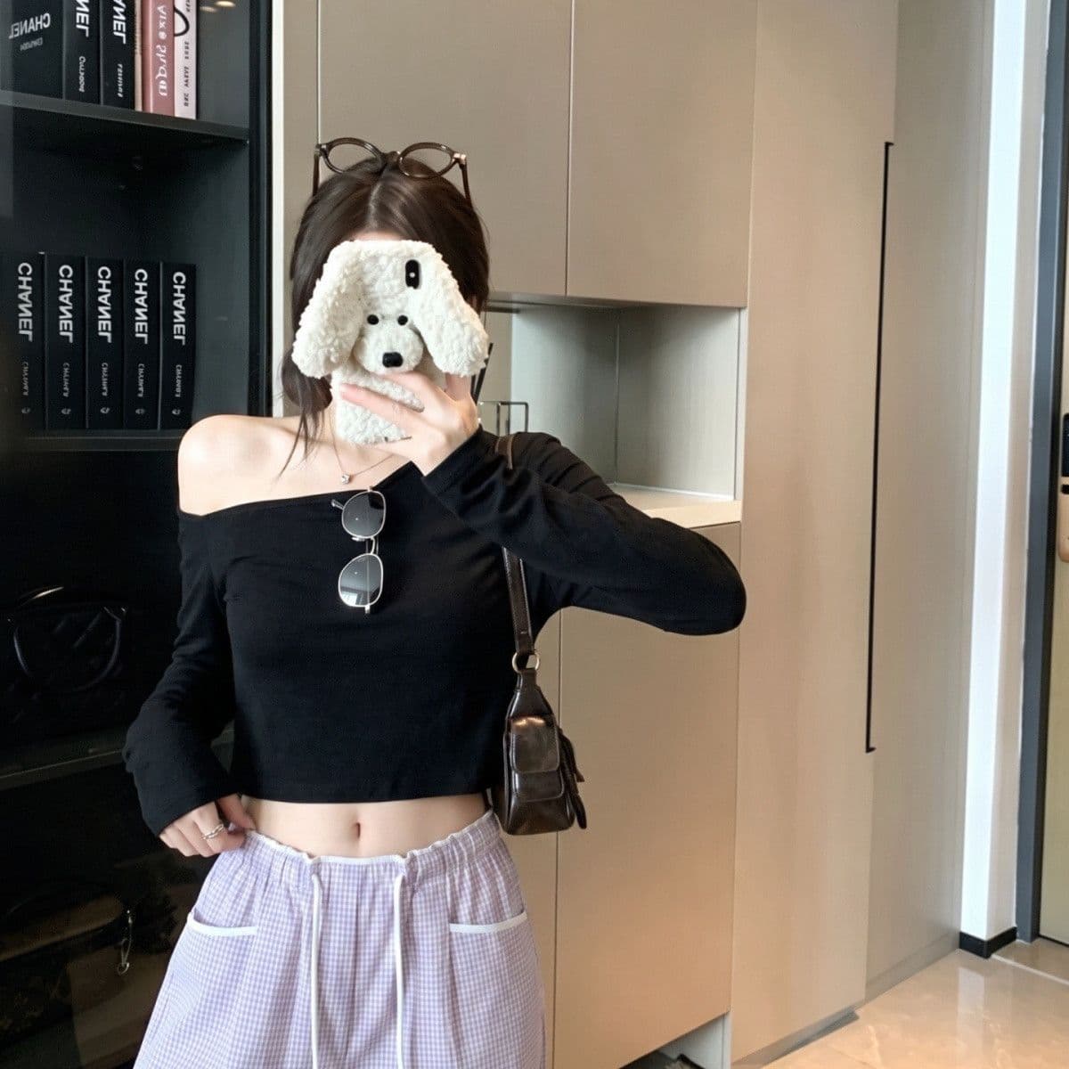 1 1 와 사고 방식 260g+ 원본 솜씨 한 부서 품격 핫걸 비스듬한 어깨 미니멀리즘 긴팔 티셔츠 여성 상세 이미지 3