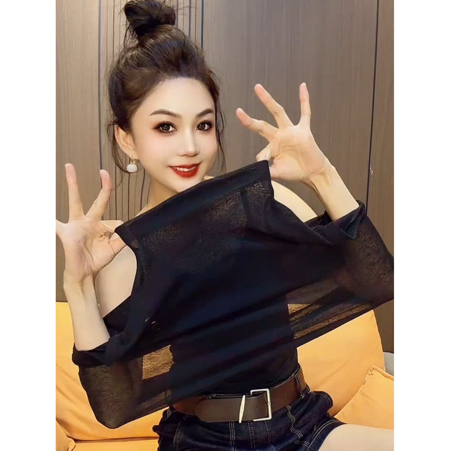 경관 그림 한국 스타일 검정색 스탠드 칼라 시스루 반팔 티셔츠 여성 2026 새로운 몸매 가꾸기 슬림해 보이는 다용도 맨위 이미지 3