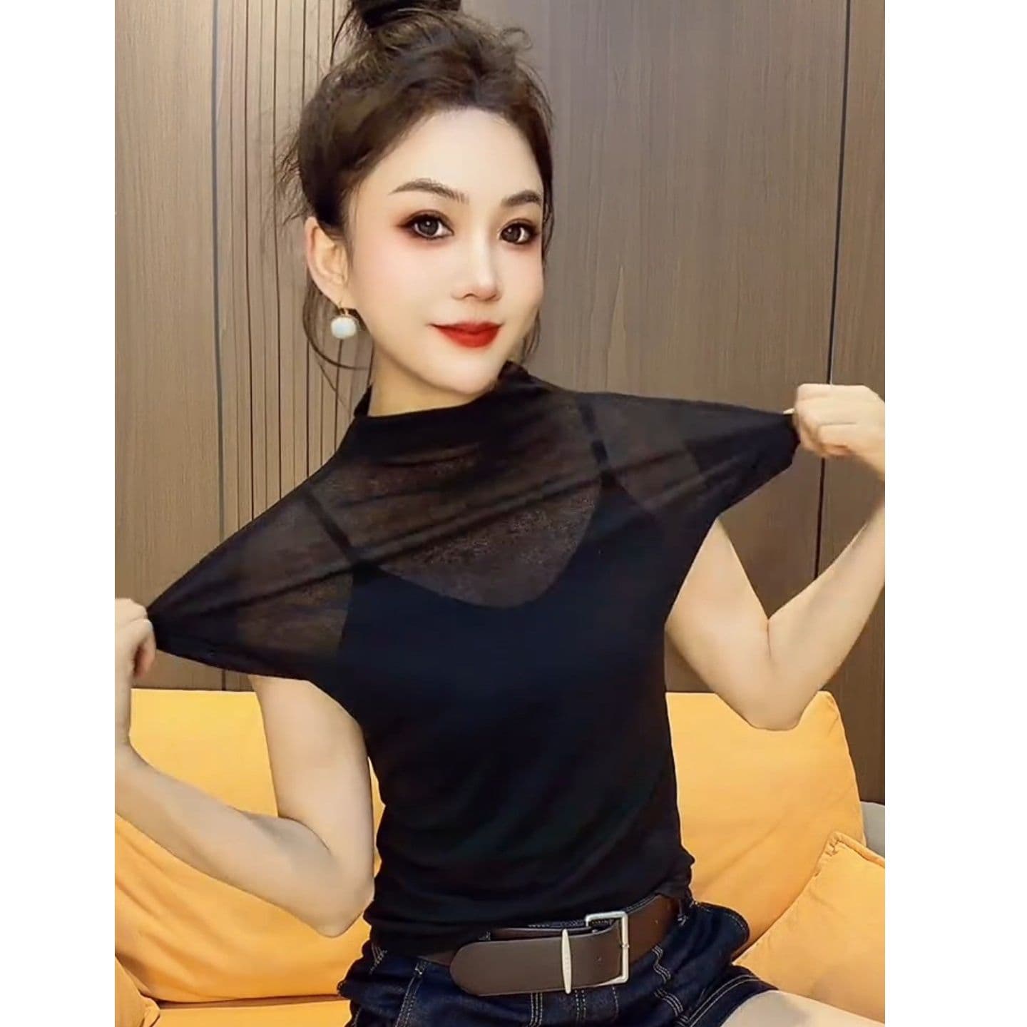 경관 그림 한국 스타일 검정색 스탠드 칼라 시스루 반팔 티셔츠 여성 2026 새로운 몸매 가꾸기 슬림해 보이는 다용도 맨위 이미지 5