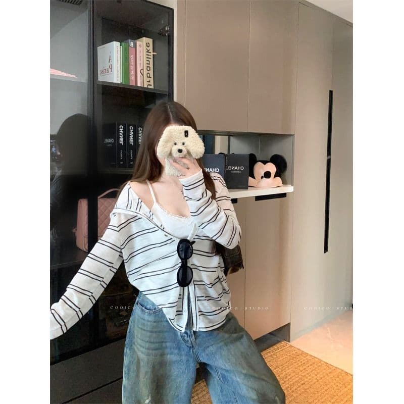 눈꽃 면 느긋한 바람 스트라이프 후드 긴팔 여성 코트 이른 가을 작은 대중 캐주얼 루즈핏 지퍼 맨위 이미지 5