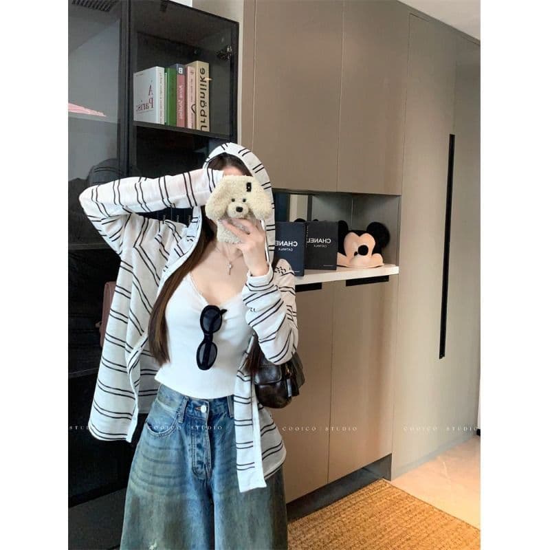 눈꽃 면 느긋한 바람 스트라이프 후드 긴팔 여성 코트 이른 가을 작은 대중 캐주얼 루즈핏 지퍼 맨위 이미지 4
