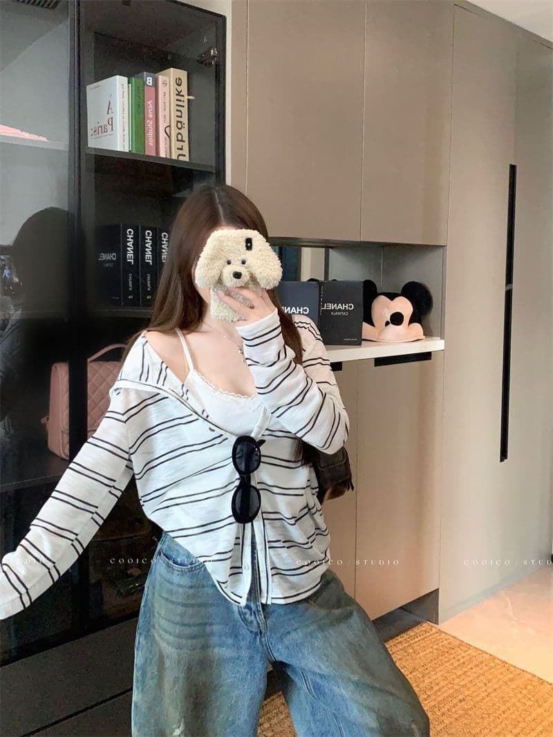 눈꽃 면 느긋한 바람 스트라이프 후드 긴팔 여성 코트 이른 가을 작은 대중 캐주얼 루즈핏 지퍼 맨위 상세 이미지 2