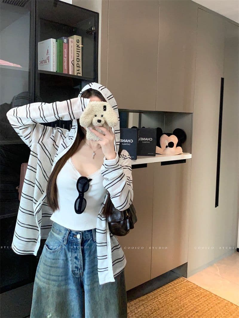 눈꽃 면 느긋한 바람 스트라이프 후드 긴팔 여성 코트 이른 가을 작은 대중 캐주얼 루즈핏 지퍼 맨위 상세 이미지 4