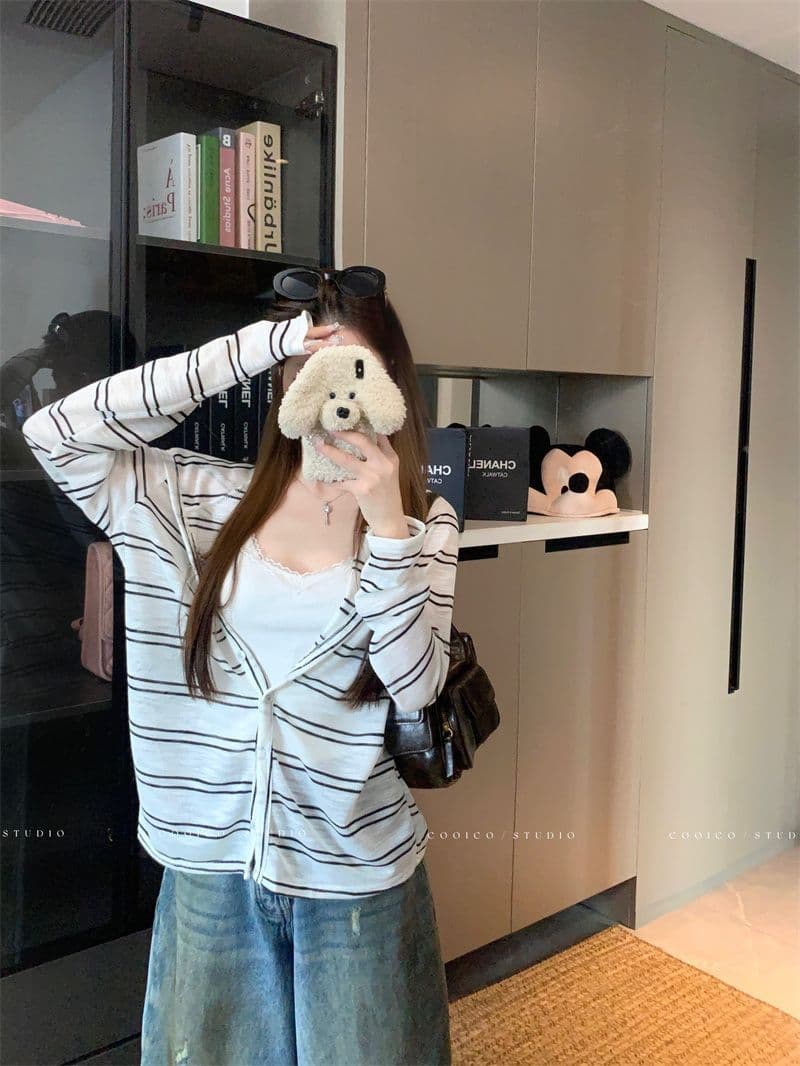 눈꽃 면 느긋한 바람 스트라이프 후드 긴팔 여성 코트 이른 가을 작은 대중 캐주얼 루즈핏 지퍼 맨위 상세 이미지 6