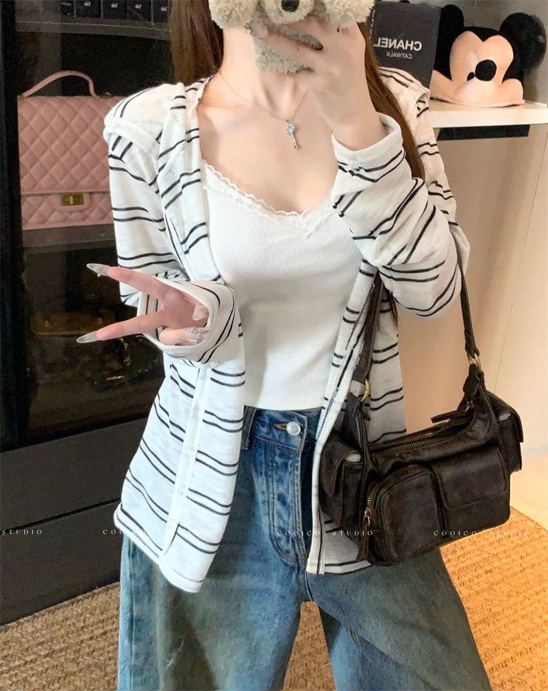 눈꽃 면 느긋한 바람 스트라이프 후드 긴팔 여성 코트 이른 가을 작은 대중 캐주얼 루즈핏 지퍼 맨위 상세 이미지 9