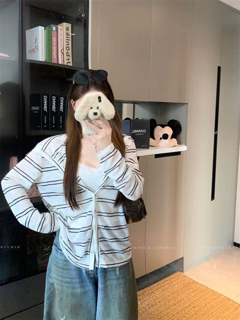 눈꽃 면 느긋한 바람 스트라이프 후드 긴팔 여성 코트 이른 가을 작은 대중 캐주얼 루즈핏 지퍼 맨위 상세 이미지 10
