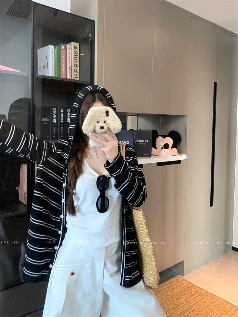 눈꽃 면 느긋한 바람 스트라이프 후드 긴팔 여성 코트 이른 가을 작은 대중 캐주얼 루즈핏 지퍼 맨위 상세 이미지 15