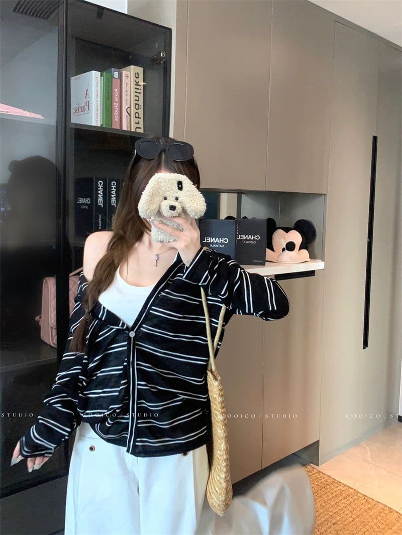 눈꽃 면 느긋한 바람 스트라이프 후드 긴팔 여성 코트 이른 가을 작은 대중 캐주얼 루즈핏 지퍼 맨위 상세 이미지 16