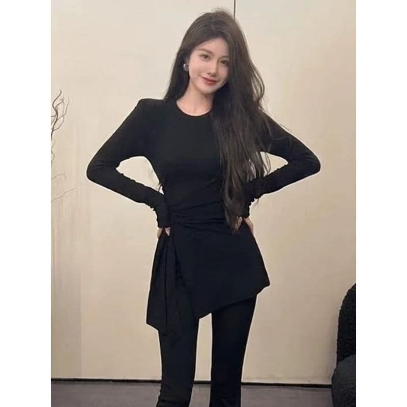 모달 사람들 면 불규칙 스트랩 허리 수축 트임 회색 긴팔 티셔츠 여성 이른 가을 중간 길이 맨위 이미지 3