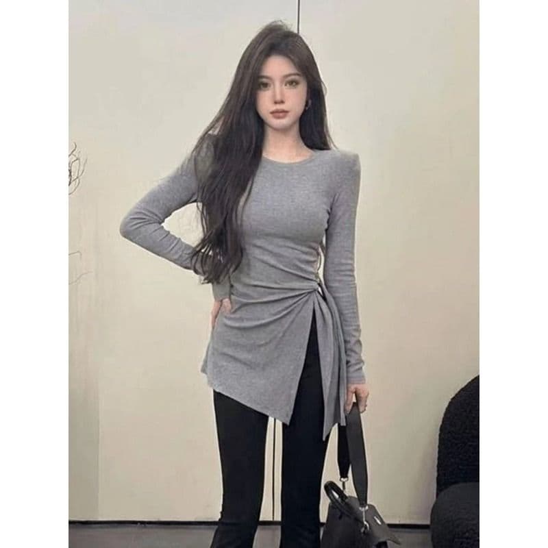 모달 사람들 면 불규칙 스트랩 허리 수축 트임 회색 긴팔 티셔츠 여성 이른 가을 중간 길이 맨위 상세 이미지 5