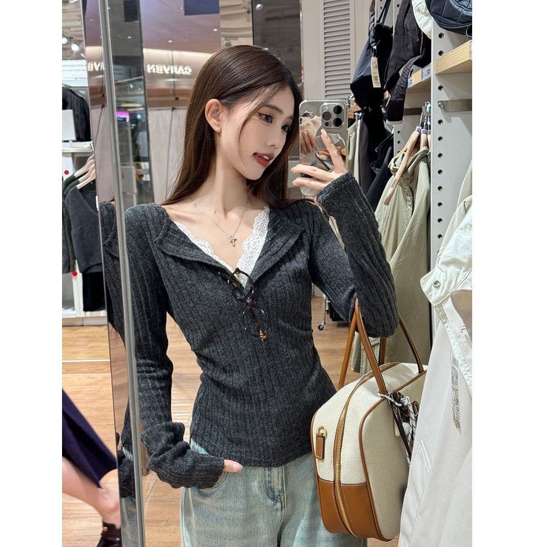 사람들 면 구덩이 기사 연삭 털 레이스 조각 폴로 칼라 긴팔 맨위 오픈 가디건 여성 가을 겨울 몸매 가꾸기 슬림해 보이는 맨위 이미지 3
