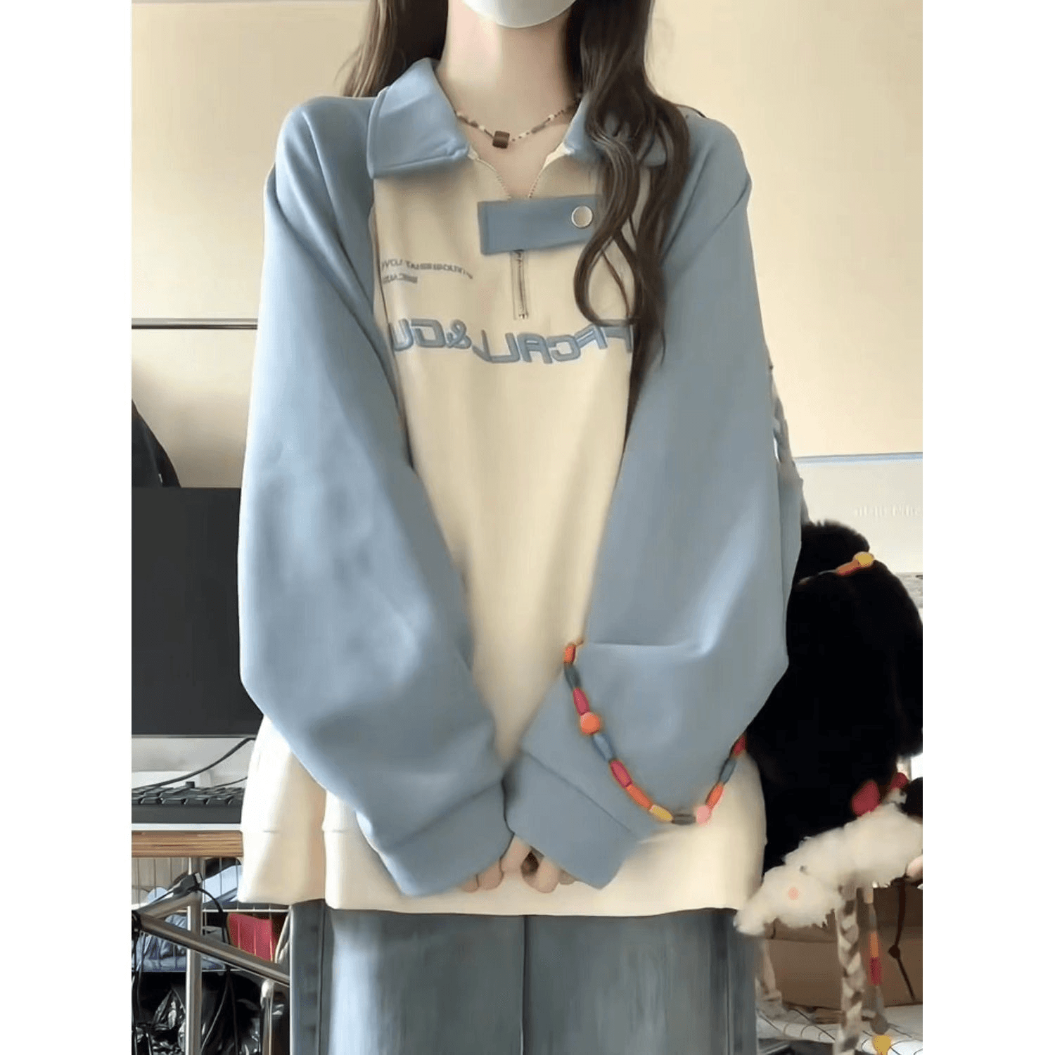 국방 Mianhua 면 복잡한 우유 실크 310 크 아메리칸 레트로 자수 플라워 인서트 어깨 소매 후드티 여성 ins 한국 스타일 맨위 상세 이미지 3