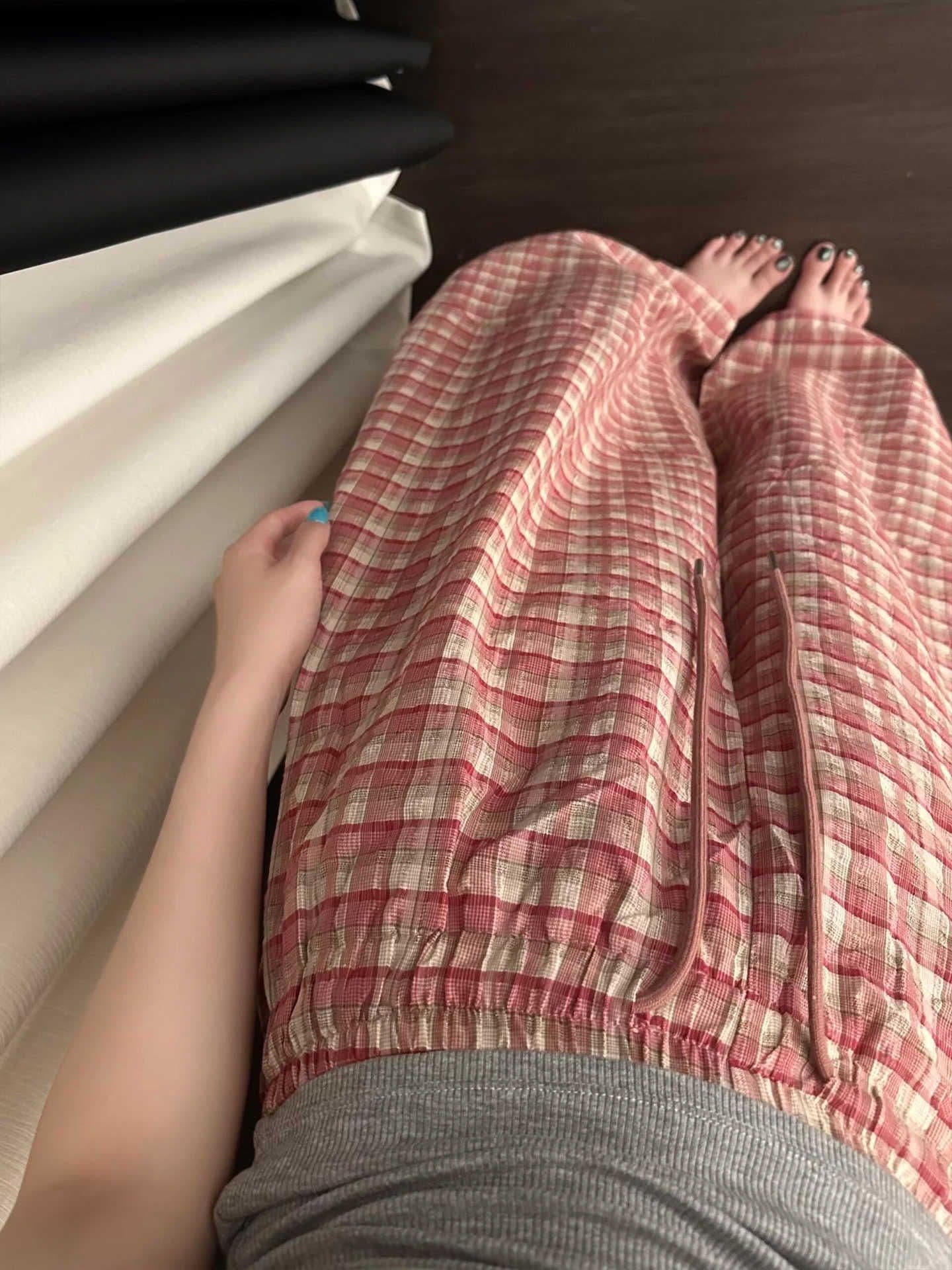 느슨함 센스 한 부서 달콤함 체크무늬 루즈핏 와이드 레깅스 바지 여름 느긋한 바람 도루 센스 하이웨이스트 캐주얼 굴곡 바지 이미지 3