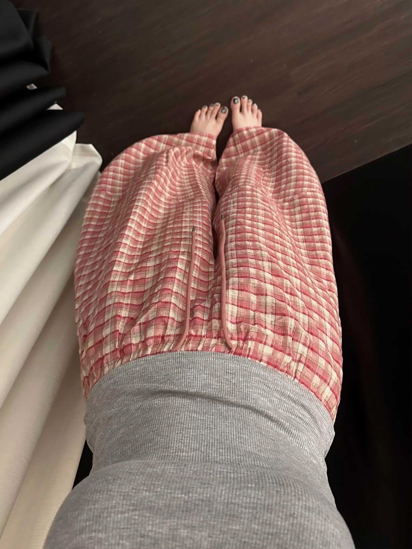 느슨함 센스 한 부서 달콤함 체크무늬 루즈핏 와이드 레깅스 바지 여름 느긋한 바람 도루 센스 하이웨이스트 캐주얼 굴곡 바지