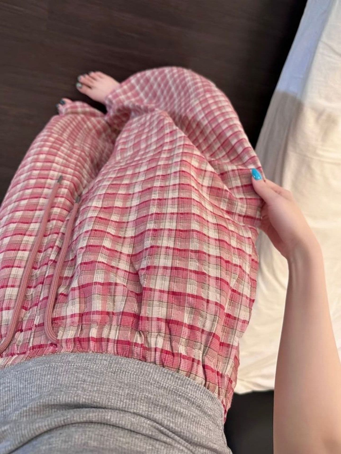 느슨함 센스 한 부서 달콤함 체크무늬 루즈핏 와이드 레깅스 바지 여름 느긋한 바람 도루 센스 하이웨이스트 캐주얼 굴곡 바지 상세 이미지 5