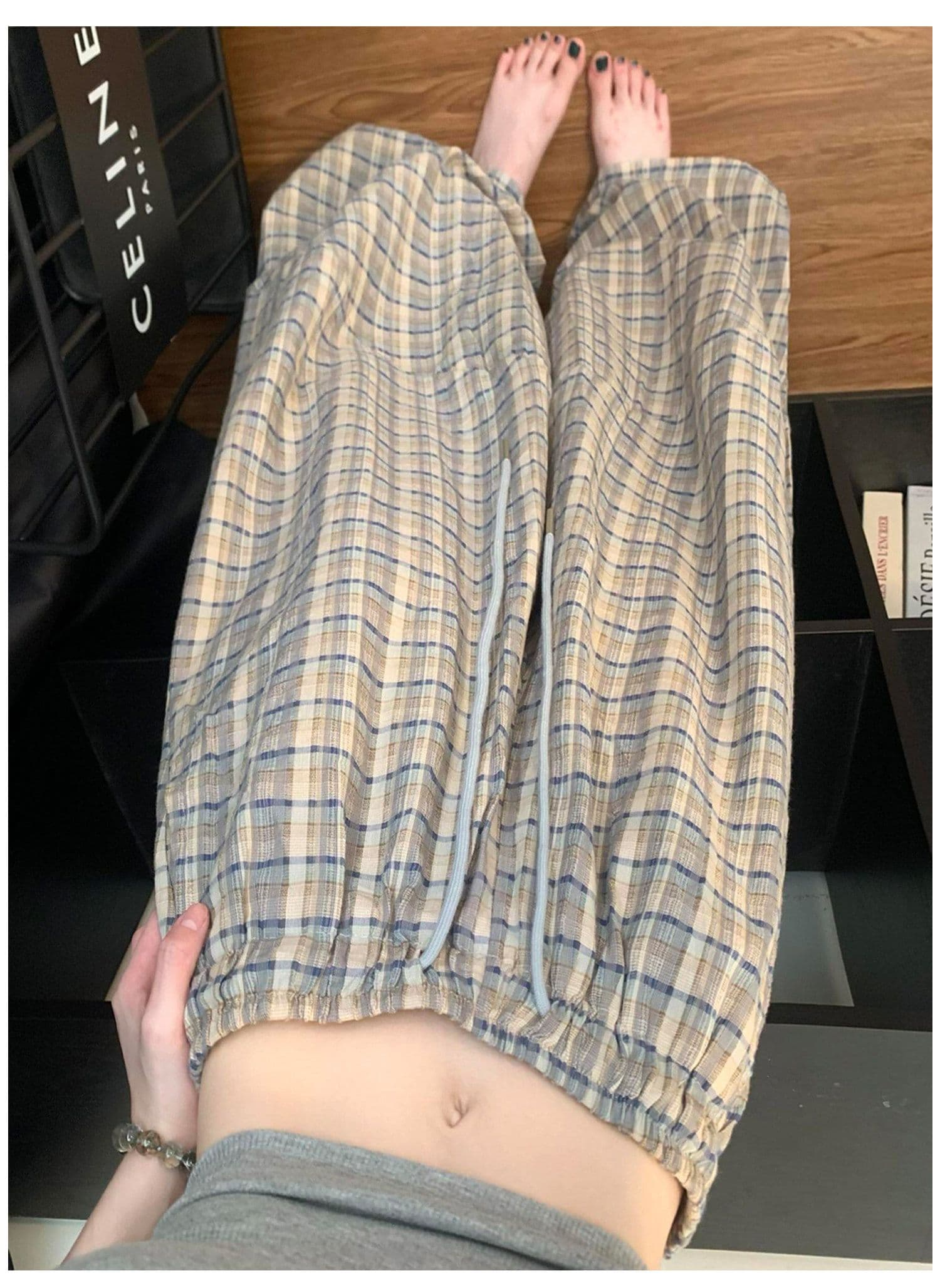 느슨함 센스 한 부서 달콤함 체크무늬 루즈핏 와이드 레깅스 바지 여름 느긋한 바람 도루 센스 하이웨이스트 캐주얼 굴곡 바지 상세 이미지 9